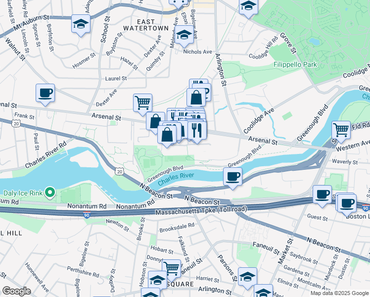 map of restaurants, bars, coffee shops, grocery stores, and more near 130 Arsenal Yards Boulevard in Watertown