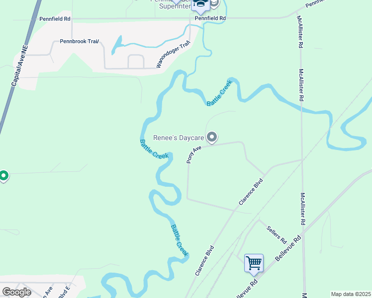 map of restaurants, bars, coffee shops, grocery stores, and more near 300 Pony Avenue in Battle Creek