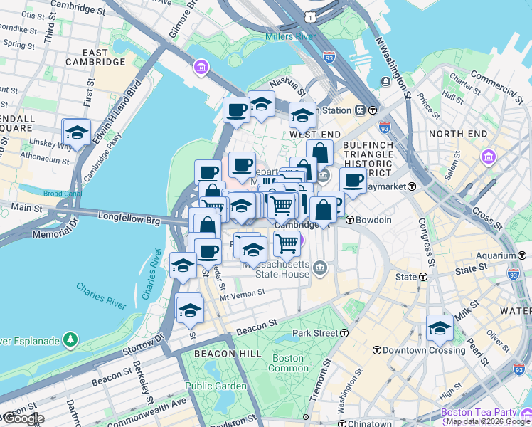 map of restaurants, bars, coffee shops, grocery stores, and more near 8 Blossom Street in Boston