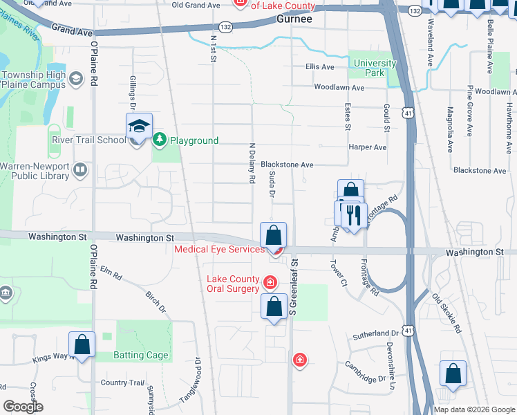 map of restaurants, bars, coffee shops, grocery stores, and more near 145 North Delany Road in Gurnee