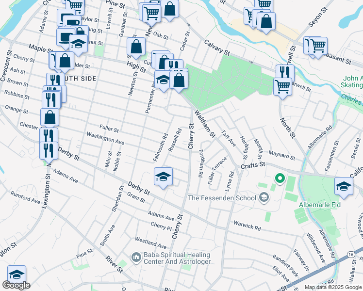 map of restaurants, bars, coffee shops, grocery stores, and more near 19 Sylvester Road in Newton