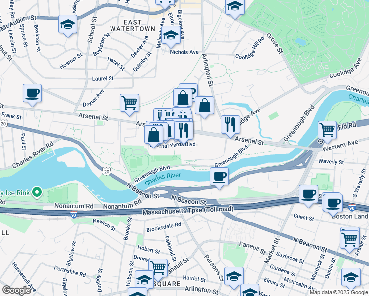 map of restaurants, bars, coffee shops, grocery stores, and more near 96 Arsenal Yards Boulevard in Watertown