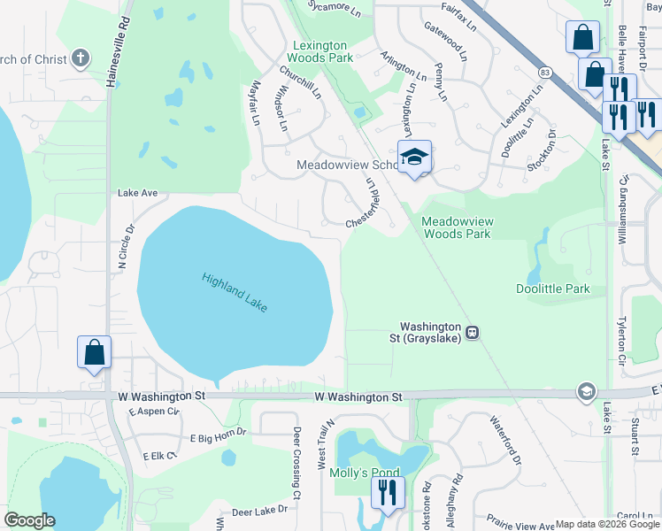 map of restaurants, bars, coffee shops, grocery stores, and more near 34320 Lakeside Drive in Grayslake