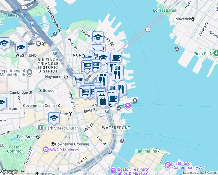 map of restaurants, bars, coffee shops, grocery stores, and more near 23 Richmond Street in Boston