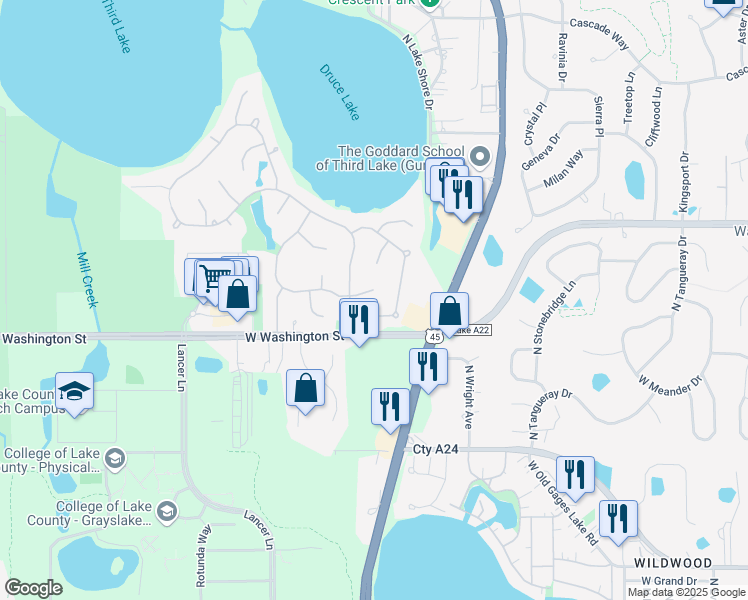 map of restaurants, bars, coffee shops, grocery stores, and more near 5 Windjammer Court in Third Lake
