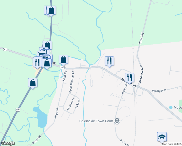 map of restaurants, bars, coffee shops, grocery stores, and more near 701 Bethany Drive in Coxsackie