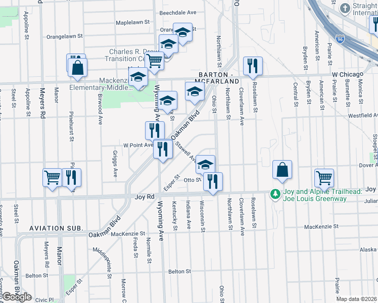 map of restaurants, bars, coffee shops, grocery stores, and more near 9040 Dawes Street in Detroit