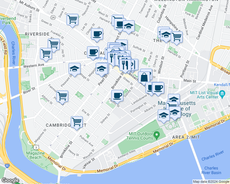 map of restaurants, bars, coffee shops, grocery stores, and more near 42 Pilgrim Street in Cambridge