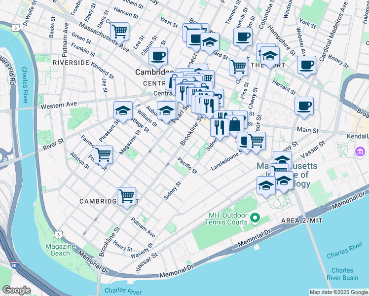 map of restaurants, bars, coffee shops, grocery stores, and more near 42 Pilgrim Street in Cambridge