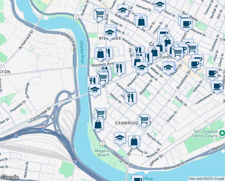 map of restaurants, bars, coffee shops, grocery stores, and more near 25 Andrew Street in Cambridge