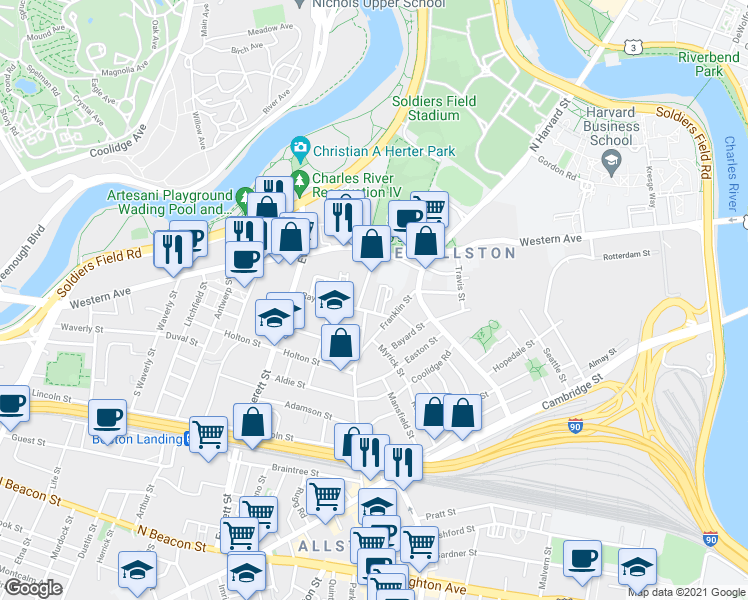 map of restaurants, bars, coffee shops, grocery stores, and more near 57 Riverdale Street in Boston