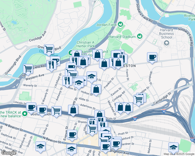 map of restaurants, bars, coffee shops, grocery stores, and more near 57 Riverdale Street in Boston