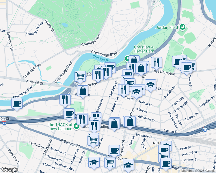 map of restaurants, bars, coffee shops, grocery stores, and more near 96 Litchfield Street in Boston