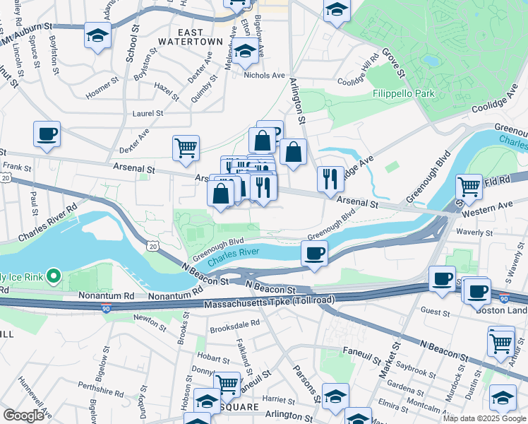 map of restaurants, bars, coffee shops, grocery stores, and more near 96 Arsenal Yards Boulevard in Watertown