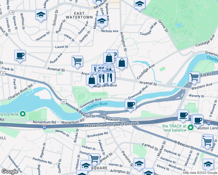 map of restaurants, bars, coffee shops, grocery stores, and more near 96 Arsenal Yards Boulevard in Watertown