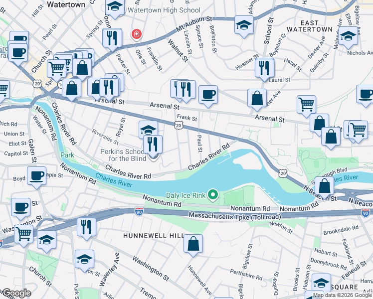 map of restaurants, bars, coffee shops, grocery stores, and more near 48 Pequossette Street in Watertown