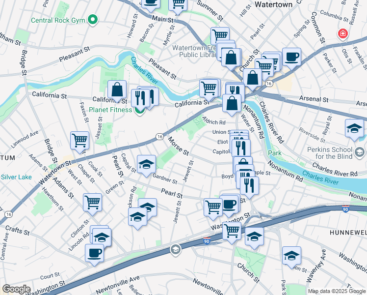 map of restaurants, bars, coffee shops, grocery stores, and more near 105 Union Street in Watertown