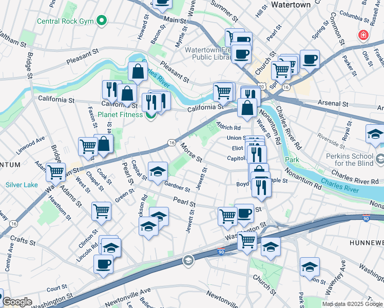 map of restaurants, bars, coffee shops, grocery stores, and more near 119 Boyd Street in Watertown