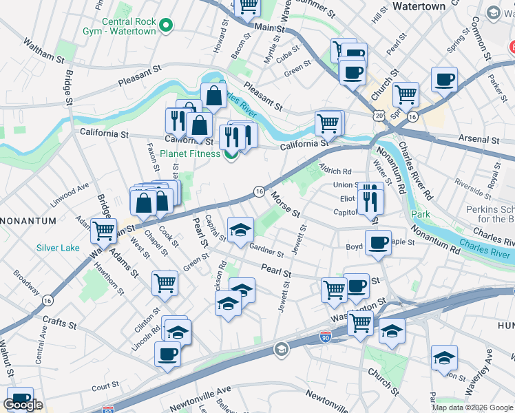 map of restaurants, bars, coffee shops, grocery stores, and more near 20 Theurer Park in Watertown
