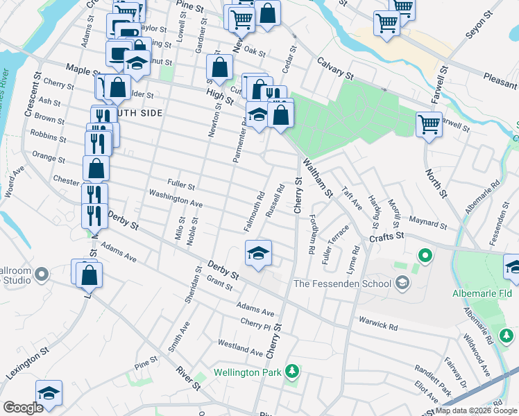map of restaurants, bars, coffee shops, grocery stores, and more near 64 Falmouth Road in Newton