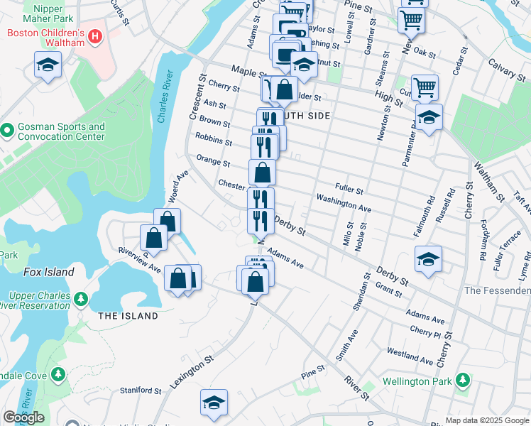 map of restaurants, bars, coffee shops, grocery stores, and more near in Waltham