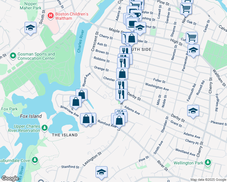 map of restaurants, bars, coffee shops, grocery stores, and more near 15 Norumbega Terrace in Waltham