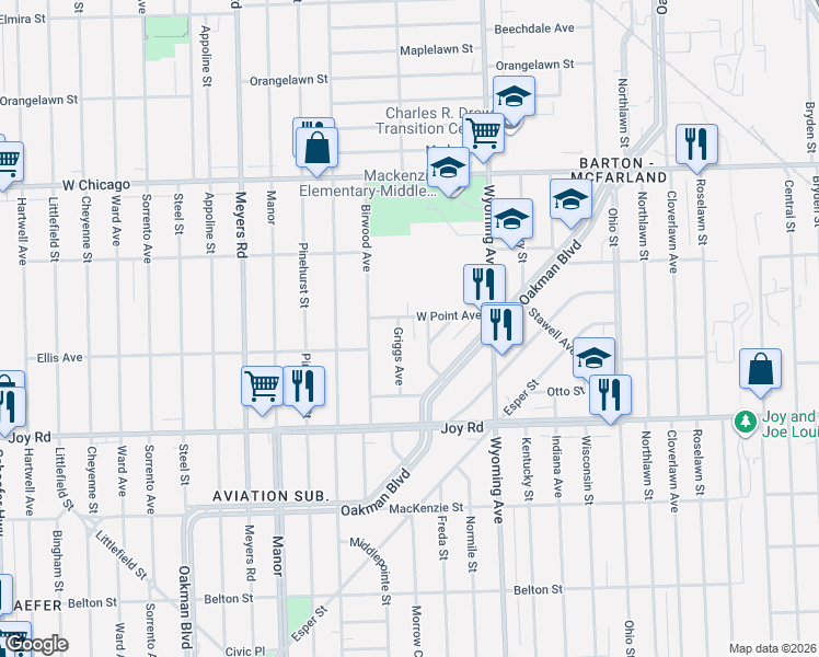 map of restaurants, bars, coffee shops, grocery stores, and more near 9012 Griggs Street in Detroit