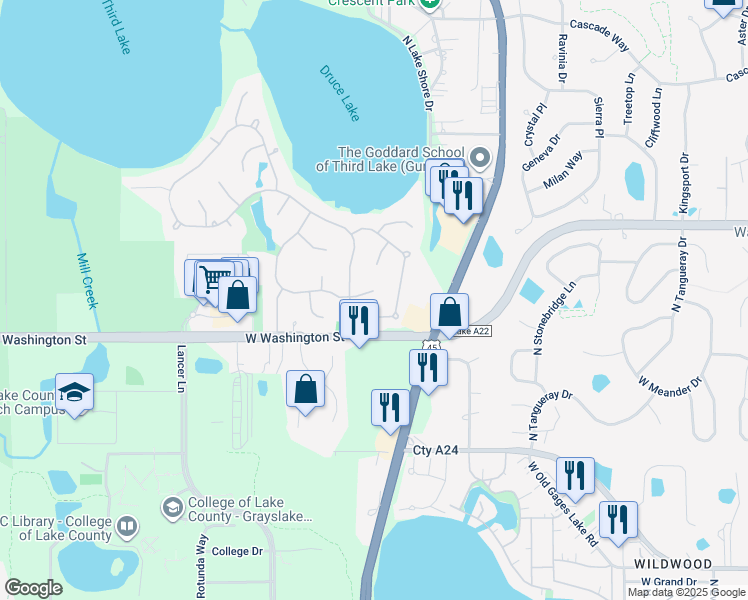 map of restaurants, bars, coffee shops, grocery stores, and more near 5 Windjammer Court in Third Lake