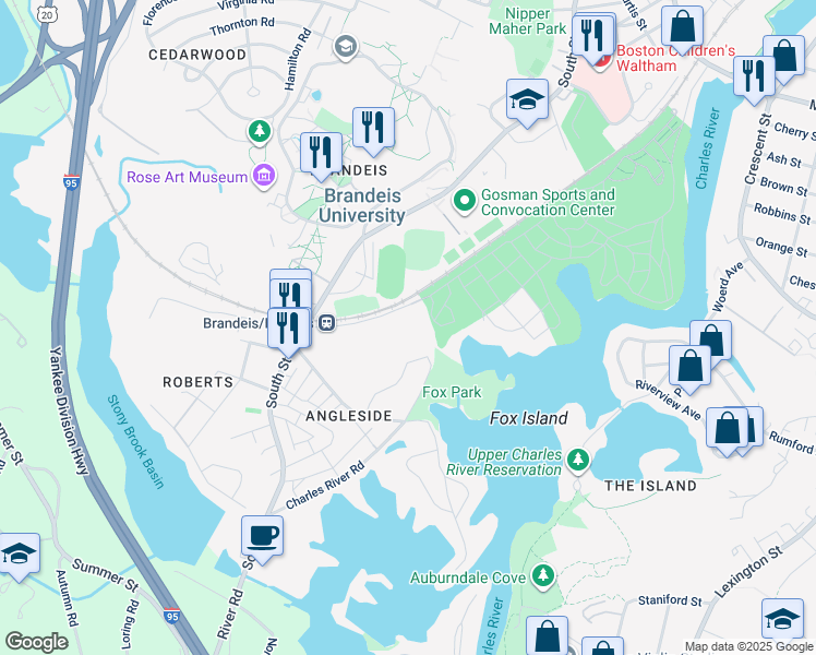 map of restaurants, bars, coffee shops, grocery stores, and more near 95 Sawyer Road in Waltham