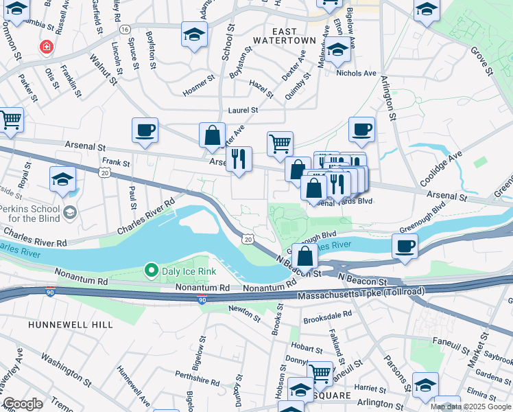 map of restaurants, bars, coffee shops, grocery stores, and more near 400 Talcott Avenue in Watertown