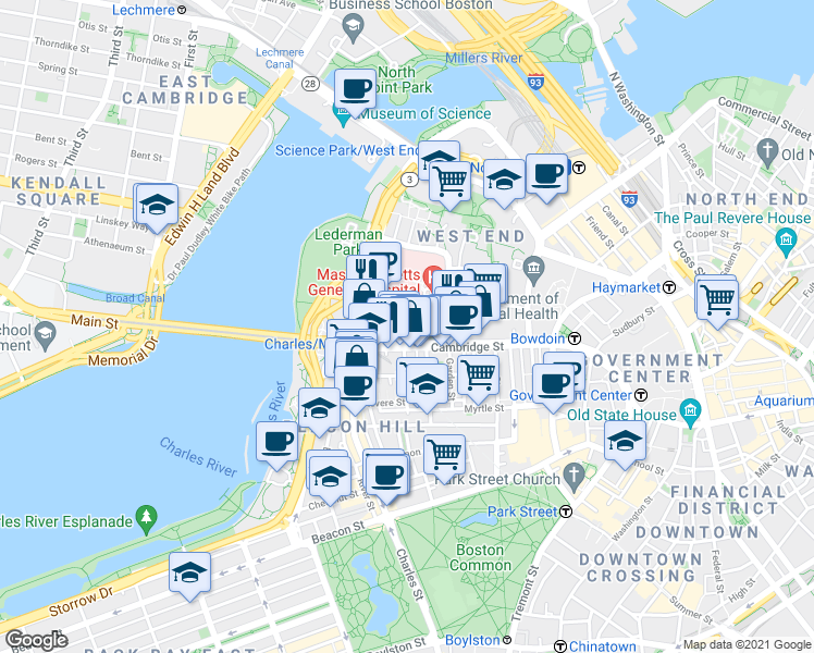 map of restaurants, bars, coffee shops, grocery stores, and more near 29 North Grove Street in Boston