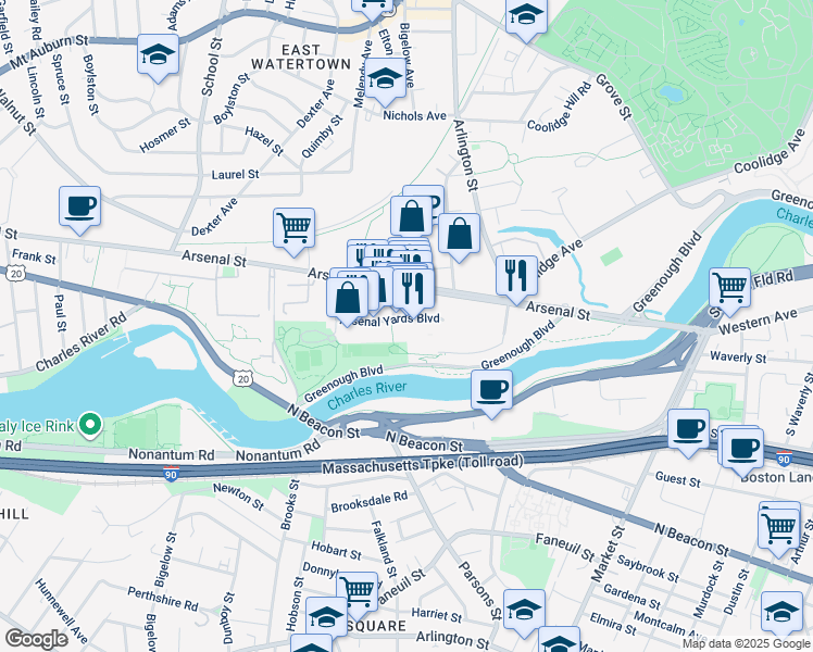map of restaurants, bars, coffee shops, grocery stores, and more near 96 Arsenal Yards Boulevard in Watertown