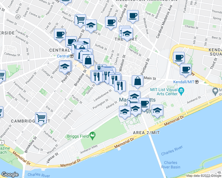 map of restaurants, bars, coffee shops, grocery stores, and more near Mass Ave in Cambridge