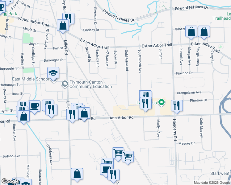 map of restaurants, bars, coffee shops, grocery stores, and more near 11019 Gold Arbor Road in Plymouth