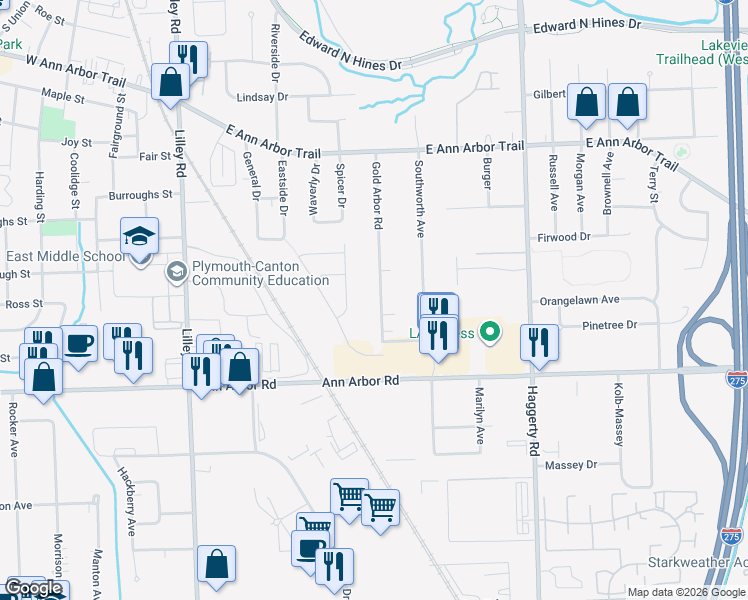 map of restaurants, bars, coffee shops, grocery stores, and more near 11019 Gold Arbor Road in Plymouth