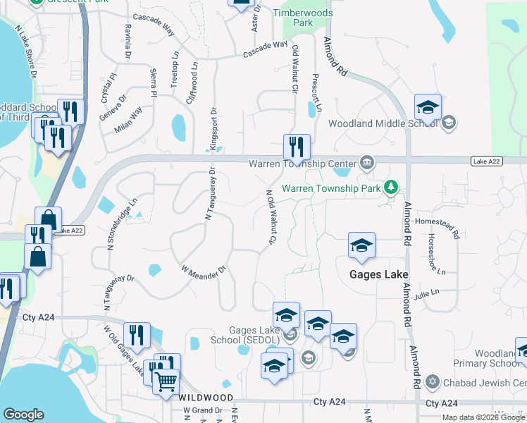 map of restaurants, bars, coffee shops, grocery stores, and more near 18189 West Old Pine Court in Gurnee