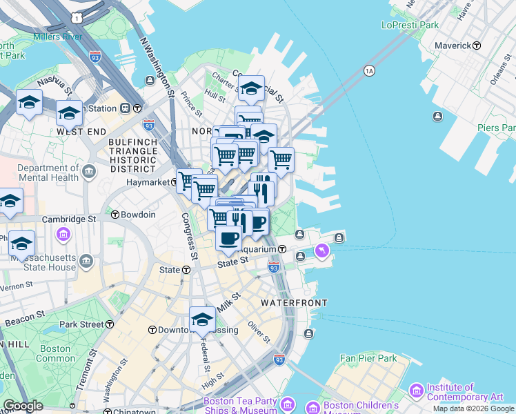 map of restaurants, bars, coffee shops, grocery stores, and more near 94-96 Commercial Street in Boston