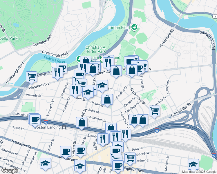 map of restaurants, bars, coffee shops, grocery stores, and more near 57 Riverdale Street in Boston
