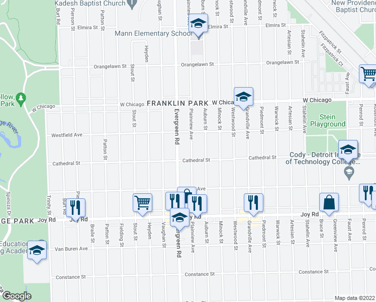 map of restaurants, bars, coffee shops, grocery stores, and more near 9225 Plainview Avenue in Detroit