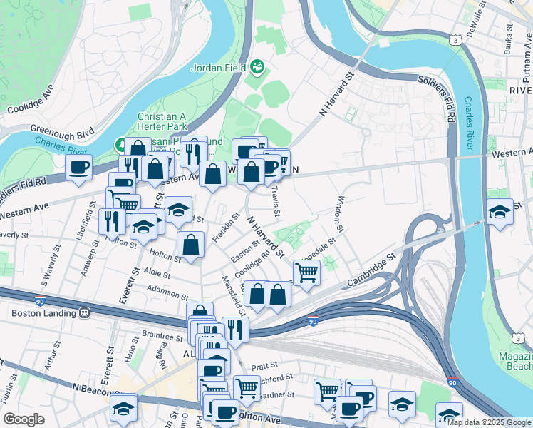 map of restaurants, bars, coffee shops, grocery stores, and more near 79 Rena Street in Boston