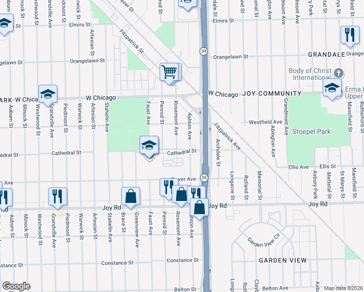 map of restaurants, bars, coffee shops, grocery stores, and more near 18230 Cathedral Street in Detroit