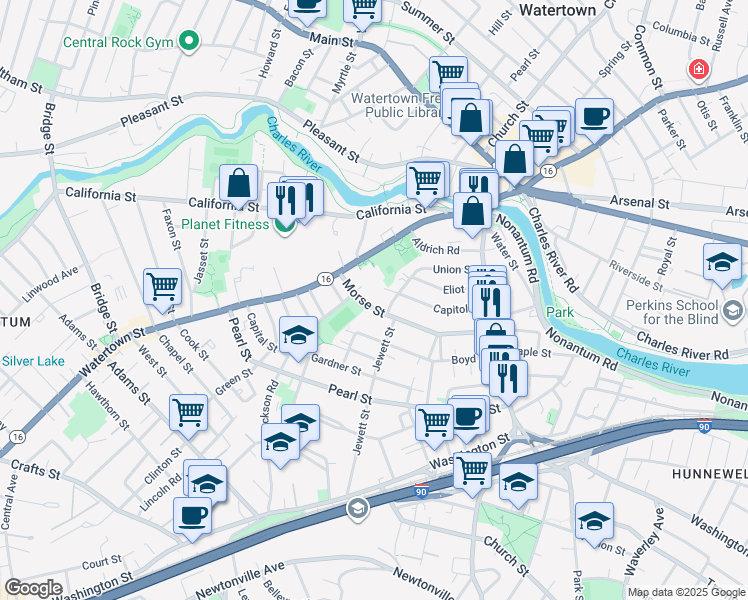 map of restaurants, bars, coffee shops, grocery stores, and more near 105 Union Street in Watertown
