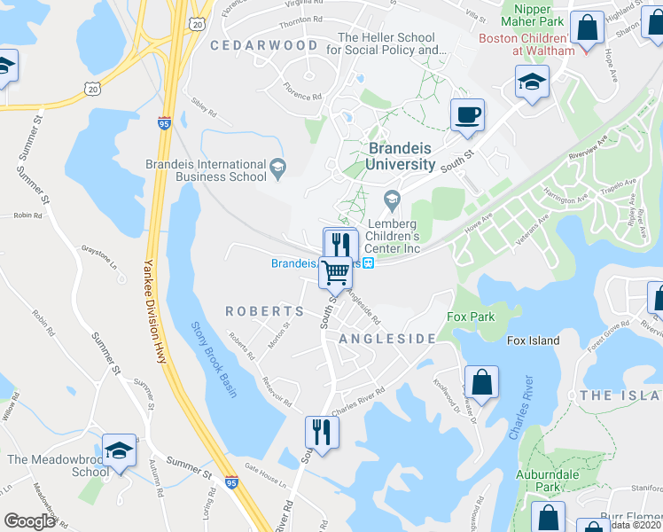 map of restaurants, bars, coffee shops, grocery stores, and more near 20 Turner Street in Waltham