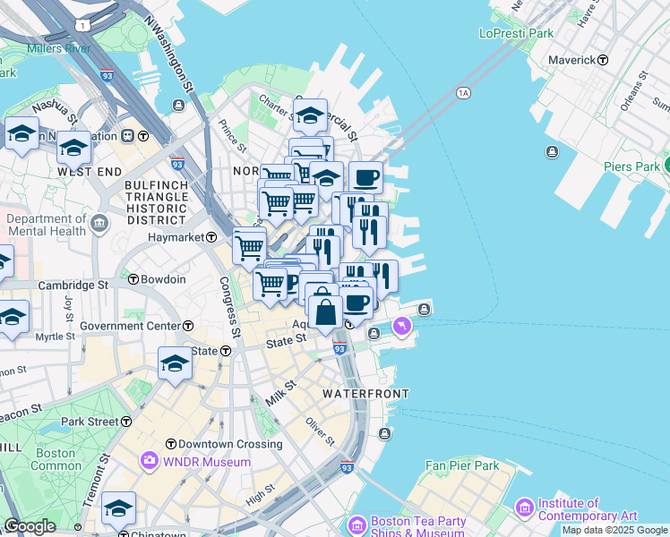map of restaurants, bars, coffee shops, grocery stores, and more near 101 Atlantic Avenue in Boston