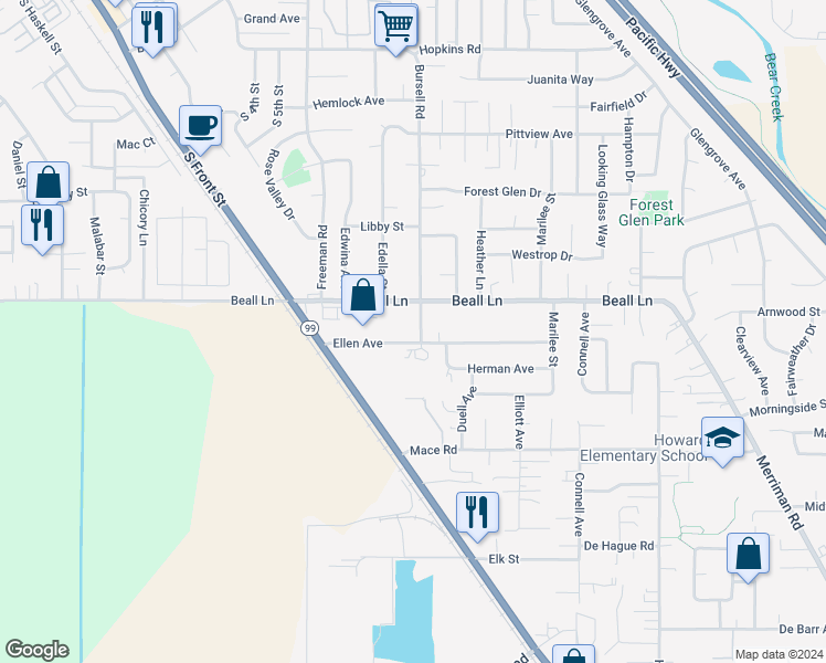 map of restaurants, bars, coffee shops, grocery stores, and more near 3101 Bursell Road in Central Point