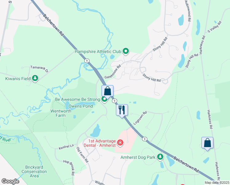 map of restaurants, bars, coffee shops, grocery stores, and more near 203 Rolling Green Drive in Amherst