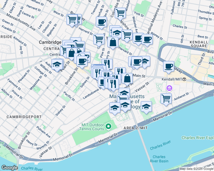 map of restaurants, bars, coffee shops, grocery stores, and more near 243 Massachusetts Avenue in Cambridge