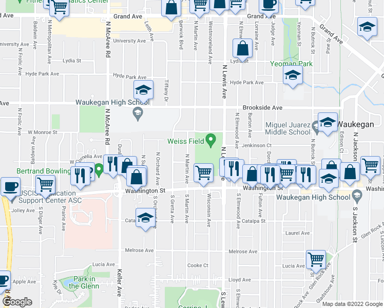 map of restaurants, bars, coffee shops, grocery stores, and more near 111 North Martin Avenue in Waukegan