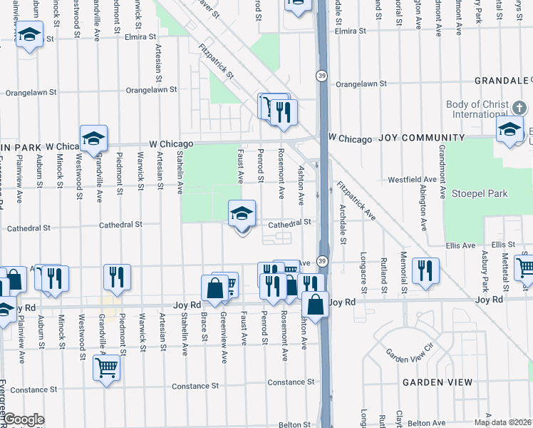 map of restaurants, bars, coffee shops, grocery stores, and more near 18348 Cathedral Street in Detroit