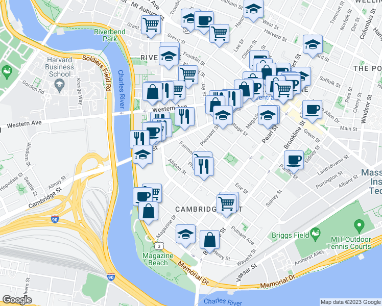 map of restaurants, bars, coffee shops, grocery stores, and more near 25 Fairmont Street in Cambridge